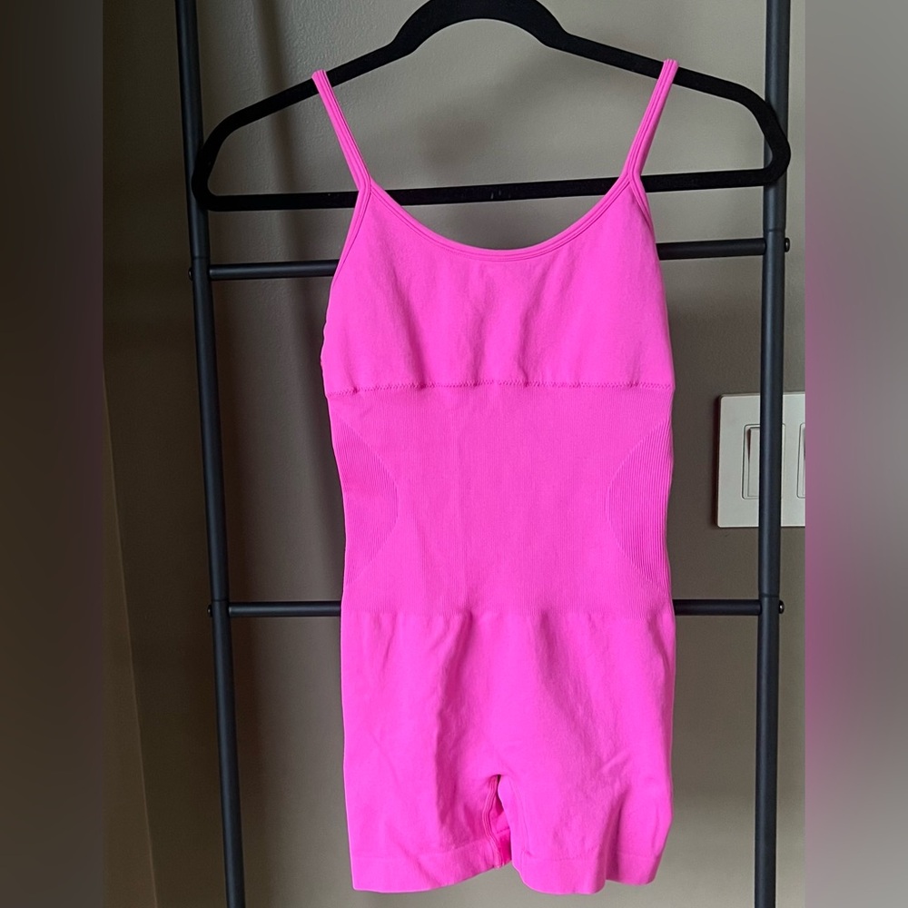 Bright Hot Pink Sporty Side Shaping Flattering Romper/ Bodysuit Spandex S